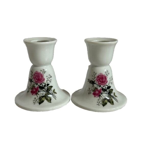 Lefton Other - Vintage Pair of Lefton Taper Candlestick Holders Pink Roses #3385 Japan Romance